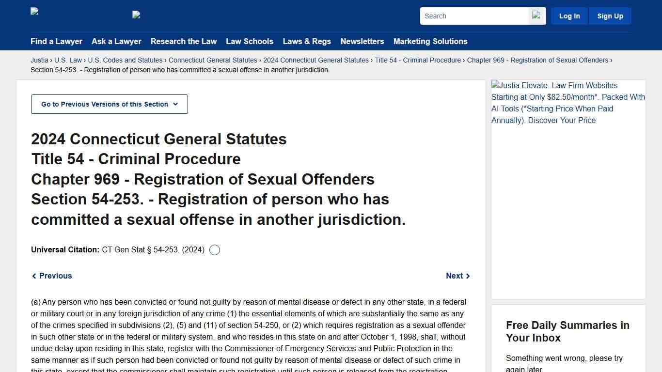 Connecticut General Statutes § 54-253. (2024) - Registration of person who has committed a sexual offense in another jurisdiction. :: Title 54, Chapter 969 - Registration of Sexual Offenders :: 2024 Connecticut General Statutes :: U.S. Codes and Statutes :: U.S. Law :: Justia