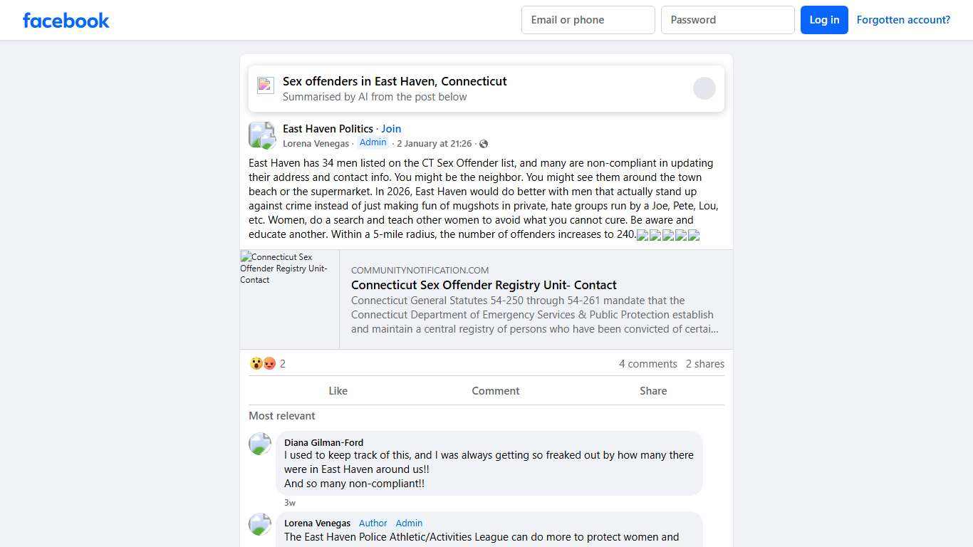 East Haven Politics East Haven has 34 men listed on the CT Sex Offender list, and many are non-compliant in updating their address and contact info Facebook